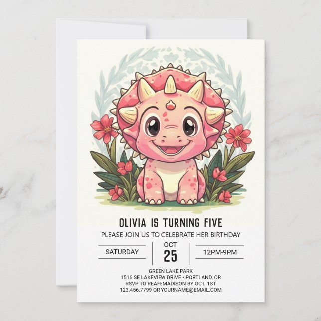 Rosa Dinosaur Girl Birthday Inbjudningar (Framsida)