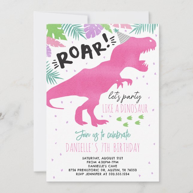 Rosa Dinosaur Girl Födelsedagsfest inbjudan (Framsida)