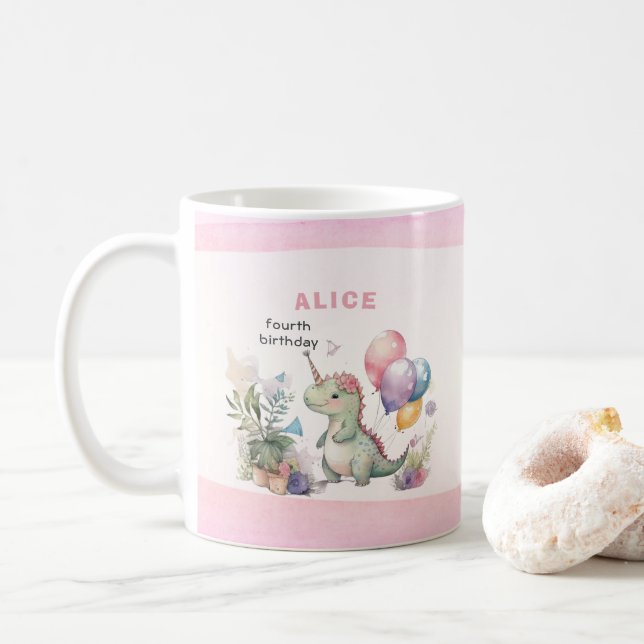 Rosa Dinosaur Girl Vattencolor Birthday Kaffemugg (Med munk)