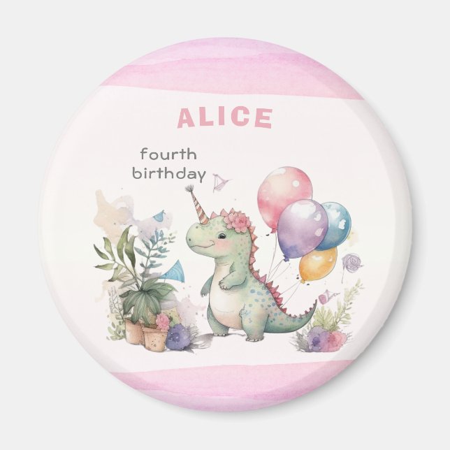 Rosa Dinosaur Girl Vattencolor Birthday Magnet (Framsidan)