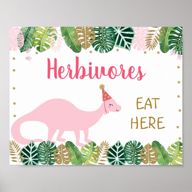 Rosa Dinosaur Herbivores Birthday Food Bord Sign Poster (Framsidan)