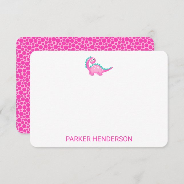 Rosa Dinosaur Kids Personlig Stationery Tack Kort (Fram/baksida)