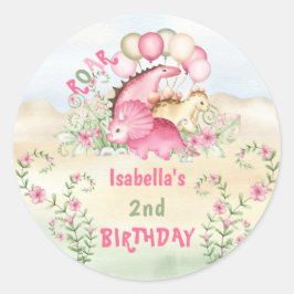 Rosa Dinosaur Little Girl Pastel Cute Birthday Runt Klistermärke