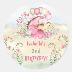 Rosa Dinosaur Little Girl Pastel Cute Birthday Runt Klistermärke