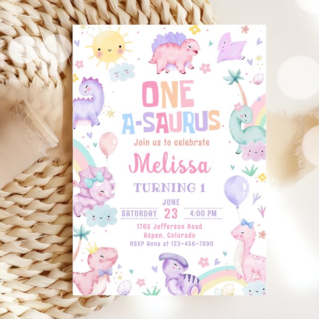 Rosa Dinosaur One-A-Saurus 1:a födelsedagen Party Inbjudningar (Skapare uppladdad)