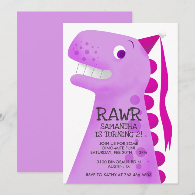 Rosa Dinosaur Princess Födelsedagsfest Inbjudningar (Fram/baksida)
