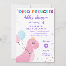 Rosa Dinosaur Princess Girls TRex Födelsedagsfest Inbjudningar