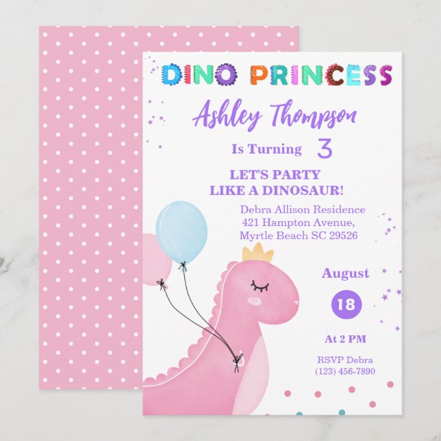 Rosa Dinosaur Princess Girls TRex Födelsedagsfest Inbjudningar (Fram/baksida)
