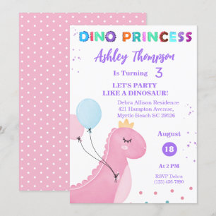 Rosa Dinosaur Princess Girls TRex Födelsedagsfest Inbjudningar