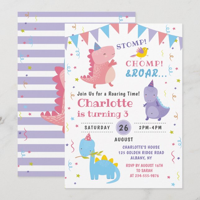 Rosa Dinosaur Roar Birthday Girls Dino Party Inbjudningar (Fram/baksida)