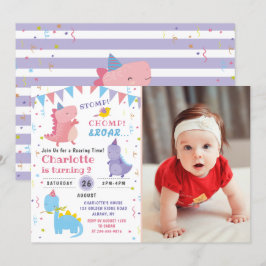 Rosa Dinosaur Roar Birthday Girls Dino Party Photo Inbjudningar