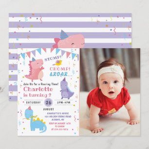 Rosa Dinosaur Roar Birthday Girls Dino Party Photo Inbjudningar