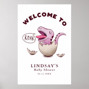 Rosa Dinosaur Theme Baby Shower Välkomstskylt Poster