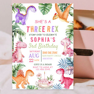 Rosa Dinosaur Three Rex GIRL Birthday Inbjudningar