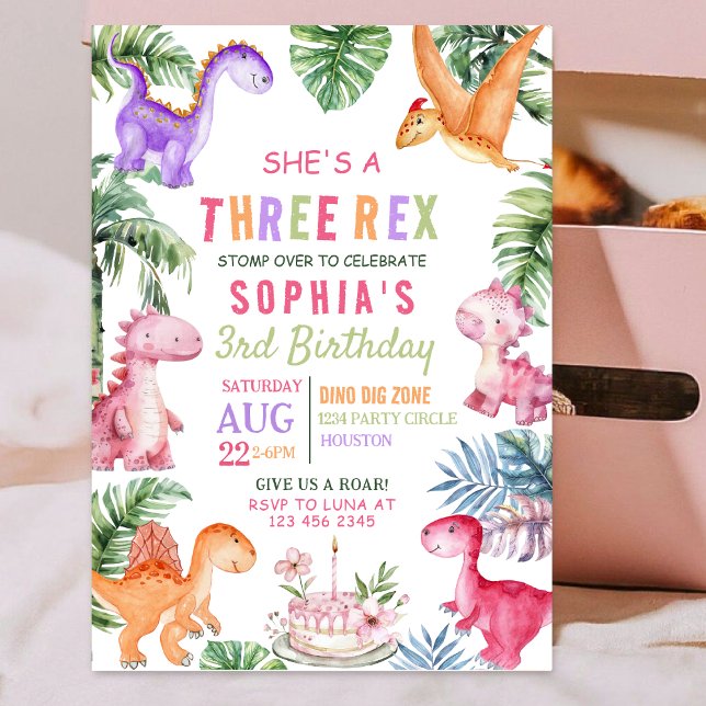 Rosa Dinosaur Three Rex GIRL Birthday Inbjudningar (Skapare uppladdad)