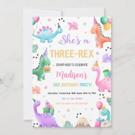 Rosa Dinosaur Three Rex Girl Dino Födelsedagsfest Inbjudningar