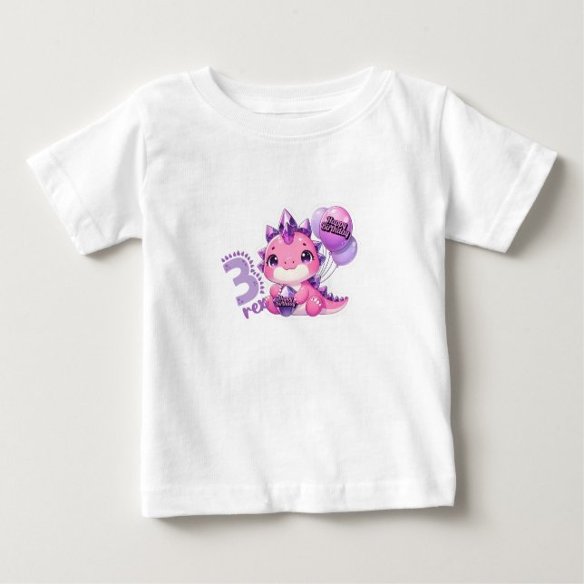 Rosa dinosaur tre Rex 3-års födelsedagsfest babykl T Shirt (Framsida)