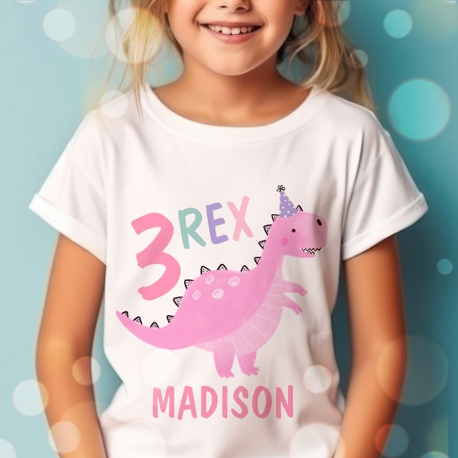 Rosa Dinosaur Tre Rex 3:e födelsedag Party T Shirt (Skapare uppladdad)