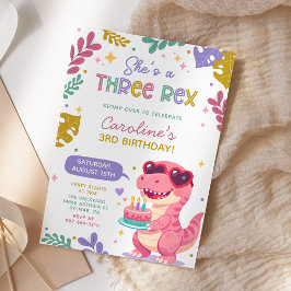 Rosa dinosaur tre Rex flicka födelsedagsfest Inbjudningar