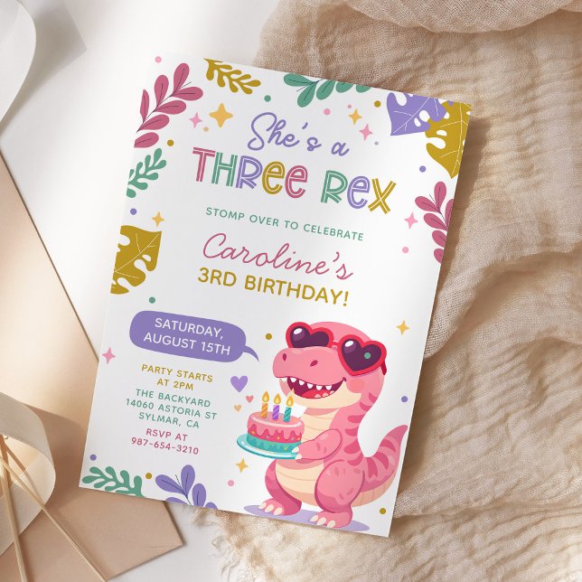 Rosa dinosaur tre Rex flicka födelsedagsfest Inbjudningar (Skapare uppladdad)