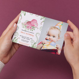 Rosa dinosaur vattenfärg flicka födelsedagsfoto inbjudningar