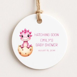 Rosa Dinosaur Watercolor Hatching Soon Baby Shower Gåvor Etiketter