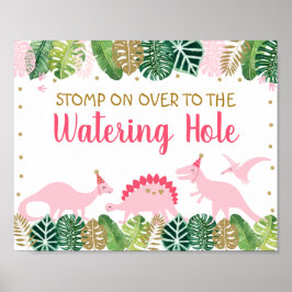 Rosa Dinosaur Watering Hål Birthday Bord Poster