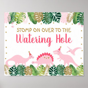 Rosa Dinosaur Watering Hål Birthday Bord Poster