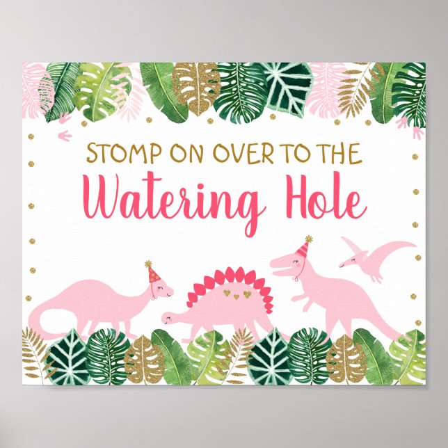 Rosa Dinosaur Watering Hål Birthday Bord Poster (Framsidan)