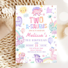 Rosa dinosaurie Two A-Saurus 2-års födelsedagsfest Inbjudningar