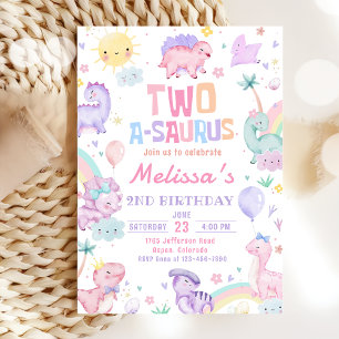 Rosa dinosaurie Two A-Saurus 2-års födelsedagsfest Inbjudningar