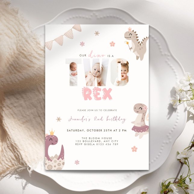 Rosa dinosaurie Two Rex 2-års födelsedagsfoto  Inbjudningar (Dinosaur two tex 2nd birthday invitation for girls)