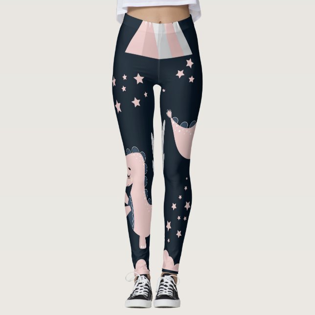 Rosa dinosaurier, mörk bakgrund, söt leggings (Framsida)