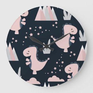 Rosa dinosaurier, mörk bakgrund, söt stor klocka