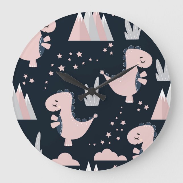 Rosa dinosaurier, mörk bakgrund, söt stor klocka (Framsida)