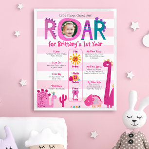 Rosa Dinosaurs Fotoflicka 1:a födelsedagsmilsten Poster