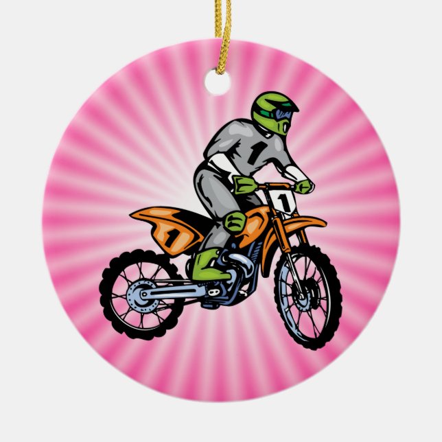 Rosa Dirt Bike. Julgransprydnad Keramik (Framsidan)