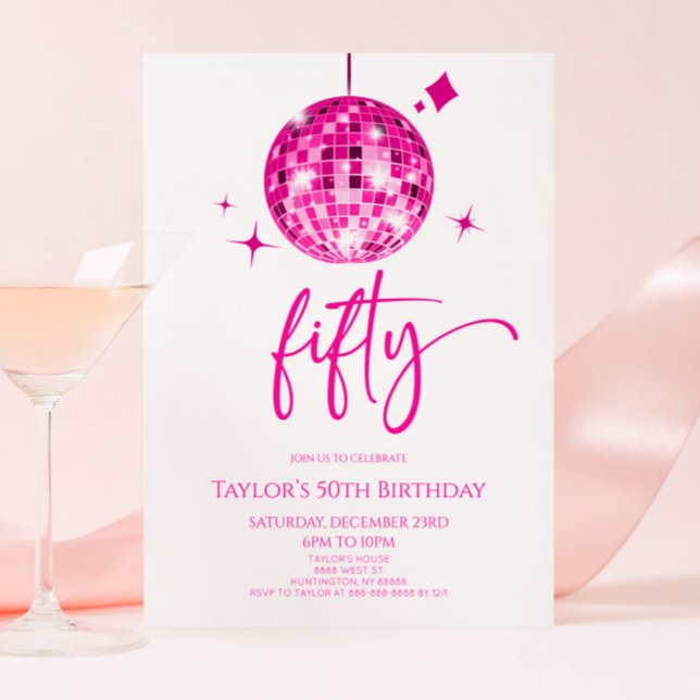 Rosa Disco Boll 50:e Födelsedagsfesten Inbjudningar (Skapare uppladdad)