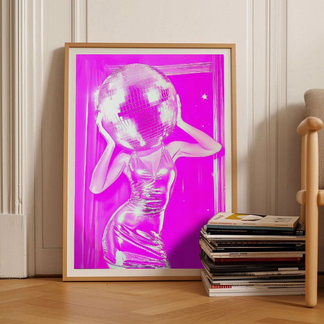 Rosa Disco Boll Flickhuvud Affisch, Tjejig Sovrums Poster (Skapare uppladdad)
