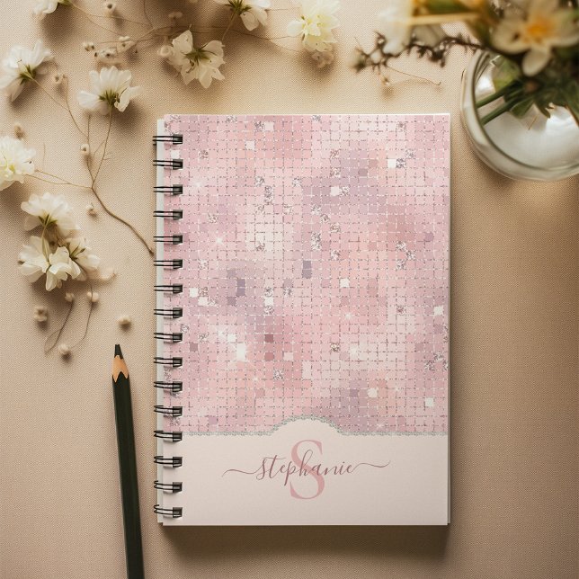  Rosa Disco Boll Mosaic Monogram Anteckningsbok (Blush Pink Disco Ball Mosaic Monogram Notebook)