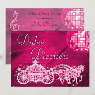 Rosa Disco Boll, Prinsess Coach & Hästar Sweet 16 Inbjudningar