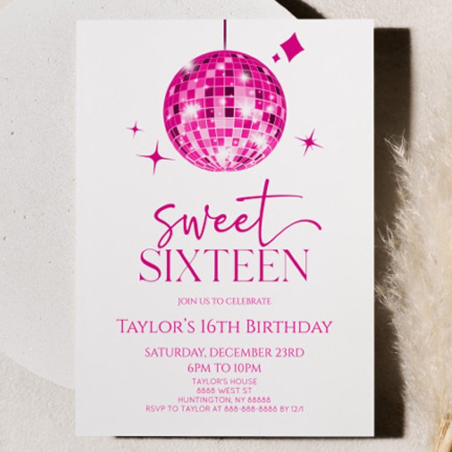 Rosa Disco Boll Sweet sixteen 16:e Födelsedagsfest Inbjudningar (Skapare uppladdad)