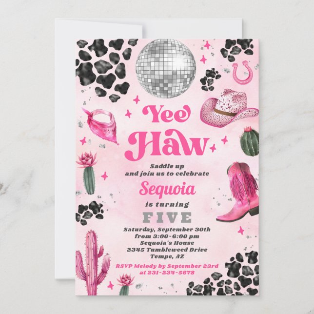 Rosa Disco Cowgirl Birthday-inbjudan Inbjudningar (Framsida)