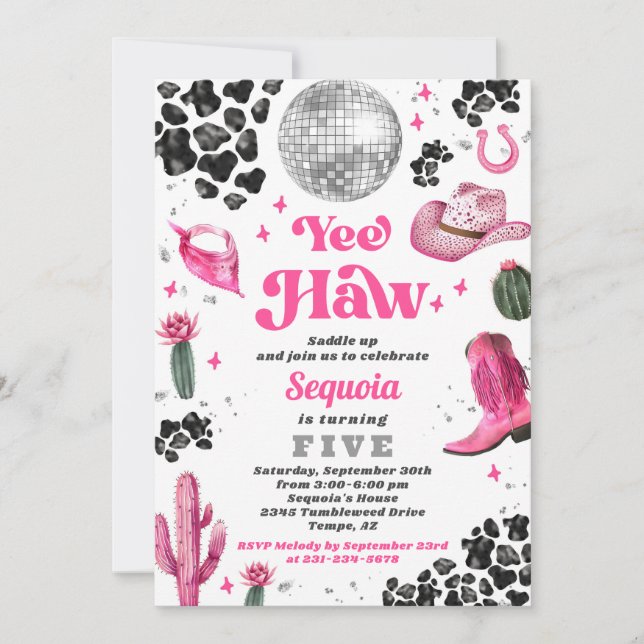 Rosa Disco Cowgirl Birthday-inbjudan Inbjudningar (Framsida)