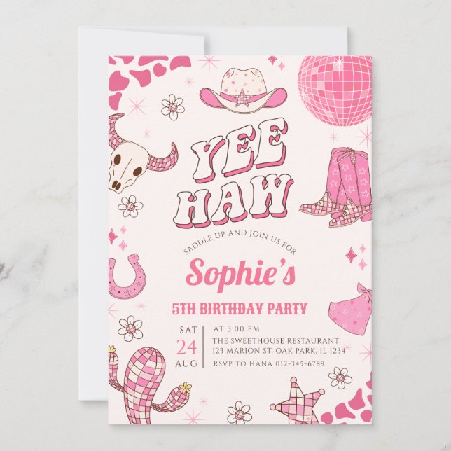 Rosa Disco Cowgirl Rodeo Födelsedagsfest Inbjudningar (Framsida)