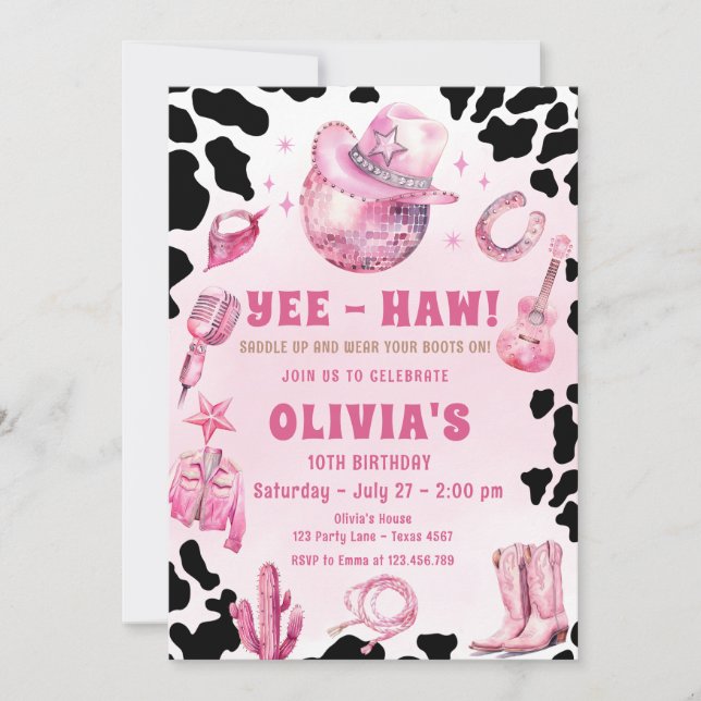 Rosa Disco Cowgirl Rodeo Land Födelsedagsfest Inbjudningar (Framsida)