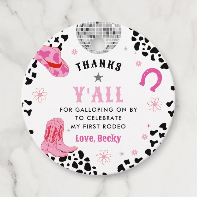 Rosa Disco First Rodeo Western Girl First Birthday Gåvor Etiketter (Framsida)