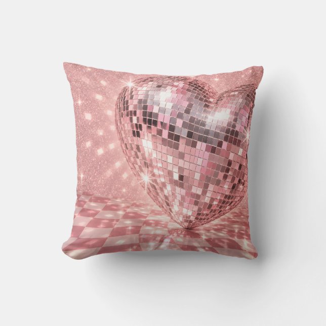 Rosa Disco Hjärt Spegel Glitter Kudde (Framsida)
