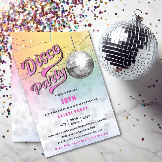 Rosa Disco Party födelsedagsinbjudan Inbjudningar (Fun disco party invitation front and back view.)