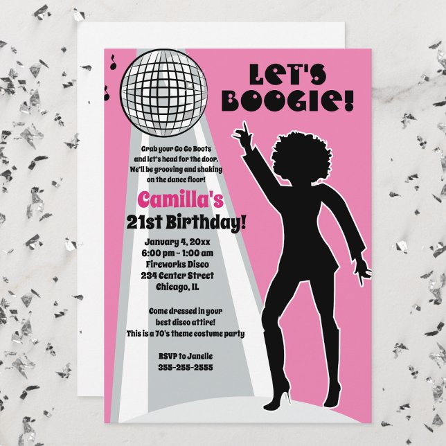 Rosa Disco Party Kvinnors födelsedagskorgen Boogie Inbjudningar (Disco Birthday Party Invitation in Pink and Silver)